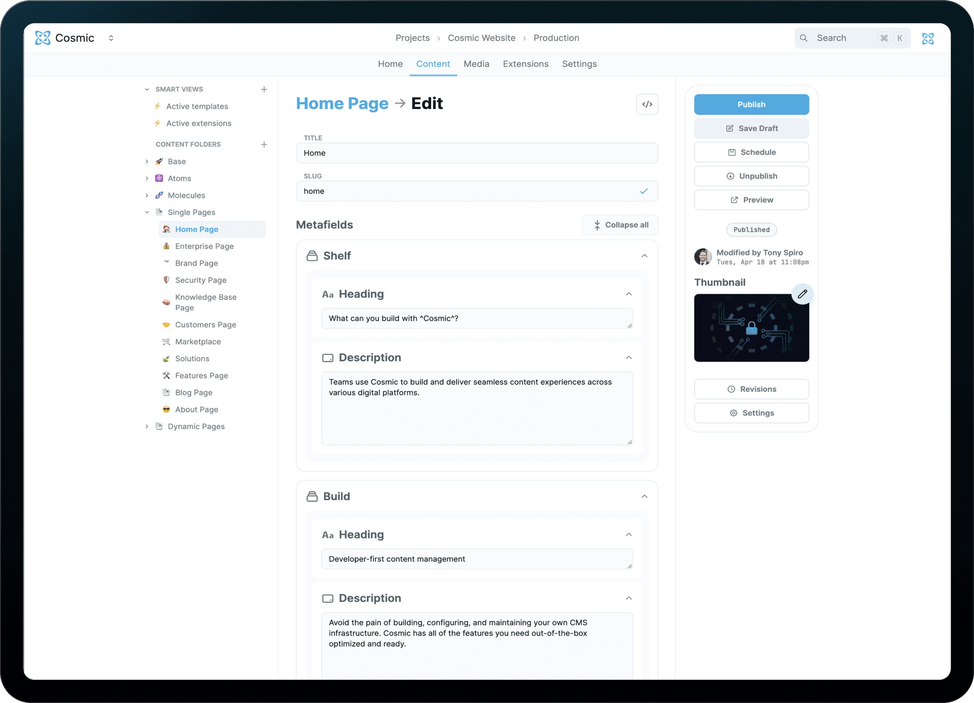 Editing a page in the Cosmic dashboard